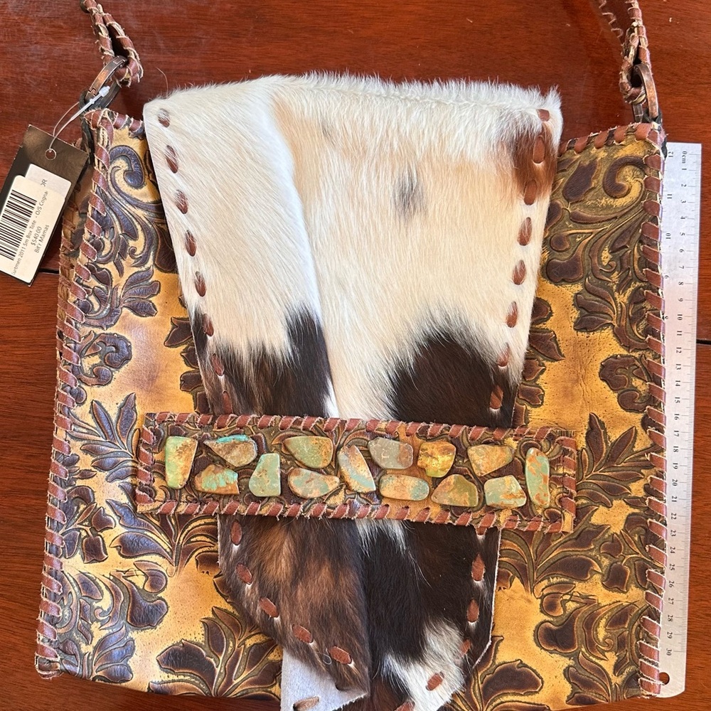 KurtMen Leather, Hair On Hide & Turquoise Messenger Shoulder Bag NWT